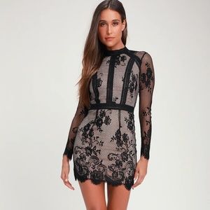 Lulu's Ryse Samson black beige lace sleeve dress